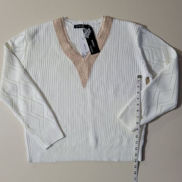 Mirol Women's Ivory Openwork V-Neck Long Sleeve Sweater - Picture 9 of 16